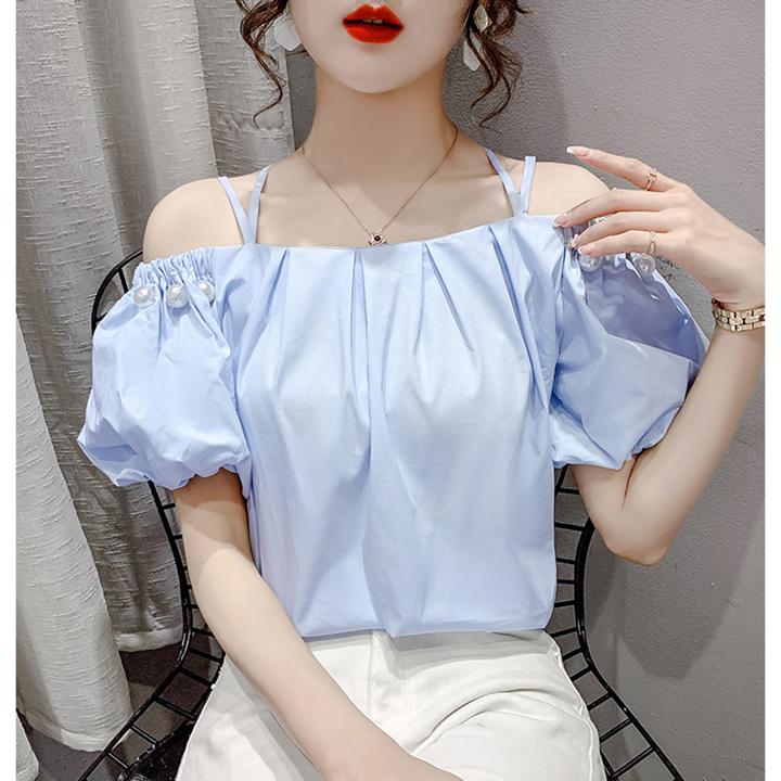 夏季高级感短袖衬衫女2025新款洋气减龄露肩泡泡袖一字肩吊带上衣