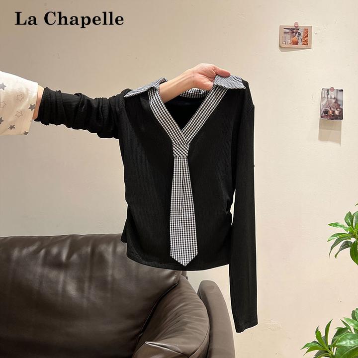 拉夏贝尔复古学院风格纹领带长袖针织衫女秋季拼接褶皱翻领小上衣