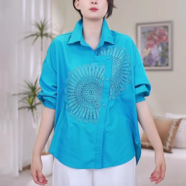 翻领蓝色短袖衬衫女士2025夏季宽松显瘦蕾丝拼接设计感不规则上衣