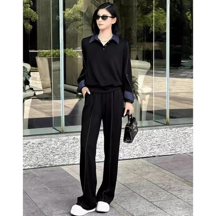 香朵线条拼接高级感卫衣阔腿裤两件套2025春秋新款洋气休闲装套装