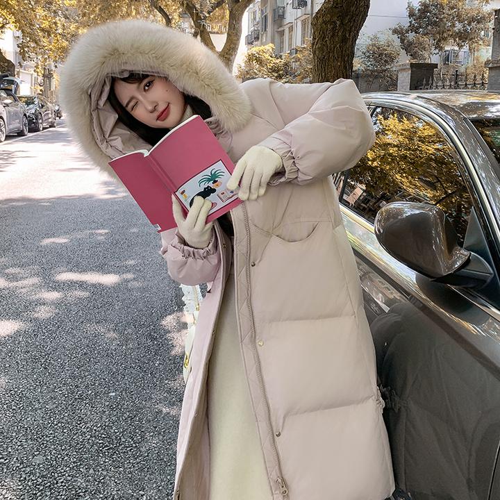 羽绒服女冬季韩系白鸭绒中长款大毛领新款加厚纯色保暖抗寒外套