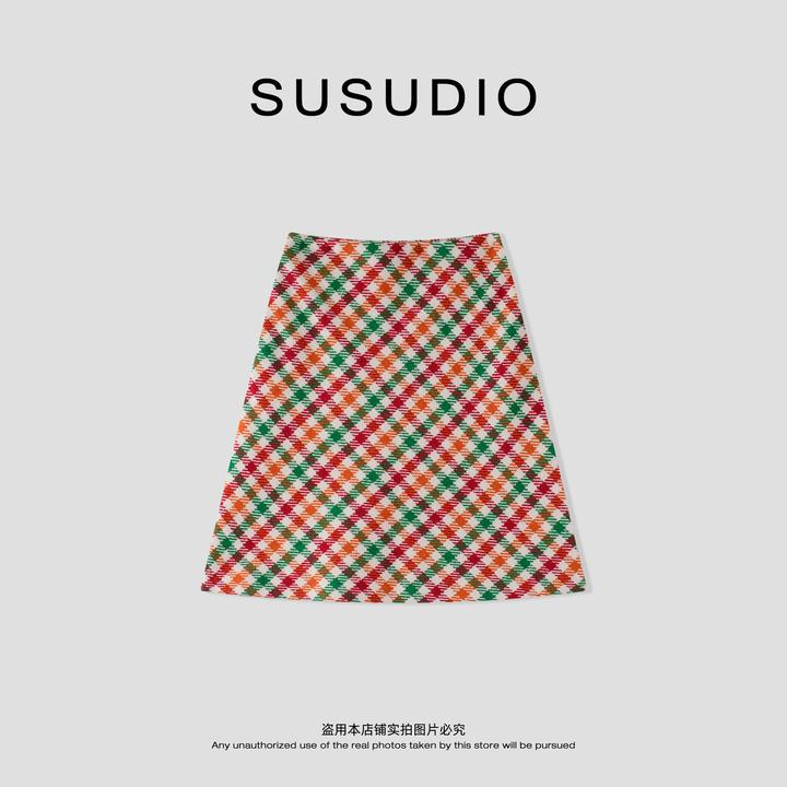 SUSUDIO 撞色彩虹  设计感毛呢A字高腰显瘦半身裙 40824