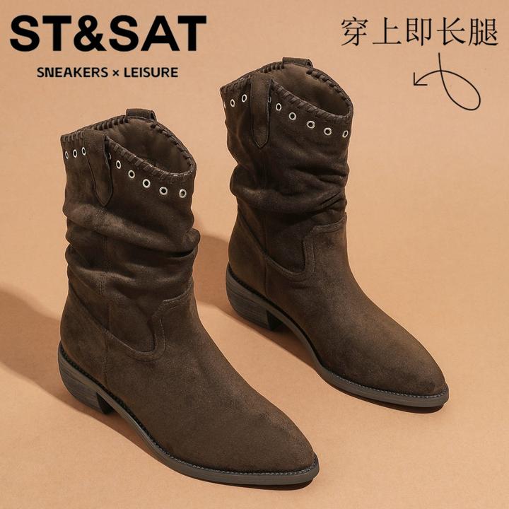 星期六增高纯色切尔西靴女款复古堆堆靴2025新款套筒西部牛仔靴女