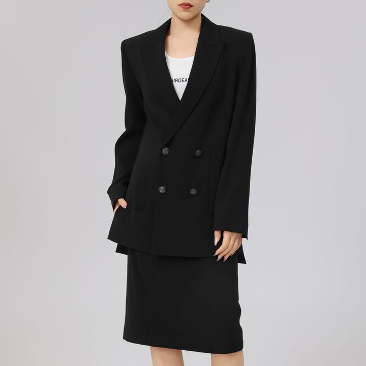 GIRDEAR/哥弟新款气质职业正装修身双排扣黑色女士小西装140002