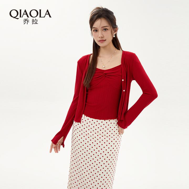 QIAOLA/乔拉【玫瑰花蜜】夏款针织扭领设计显瘦百搭时尚套装预售