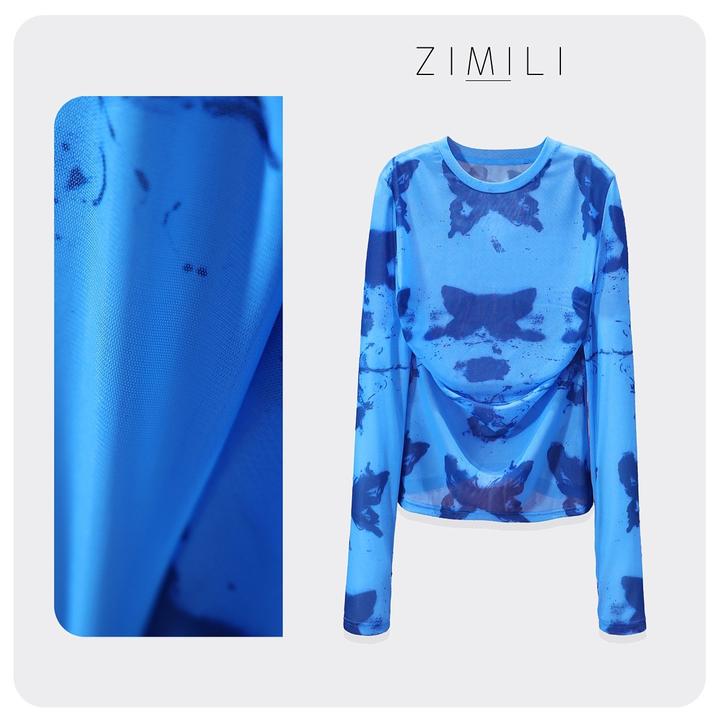 【子秋女装】2025夏季清透感蓝色蝴蝶抽褶收腰长袖网纱上衣6127A