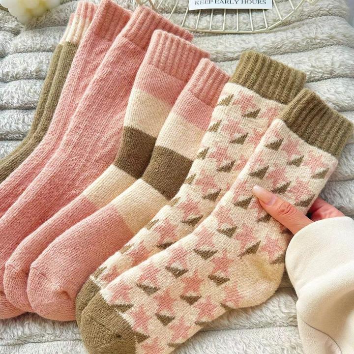 秋冬款毛圈厚袜女潮款纯色冬天加绒加厚高筒保暖拼接长袜中筒袜LW