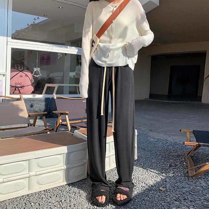 秋季新款显瘦高腰直筒深灰色糯米休闲裤女大码宽松梨形身材阔腿裤