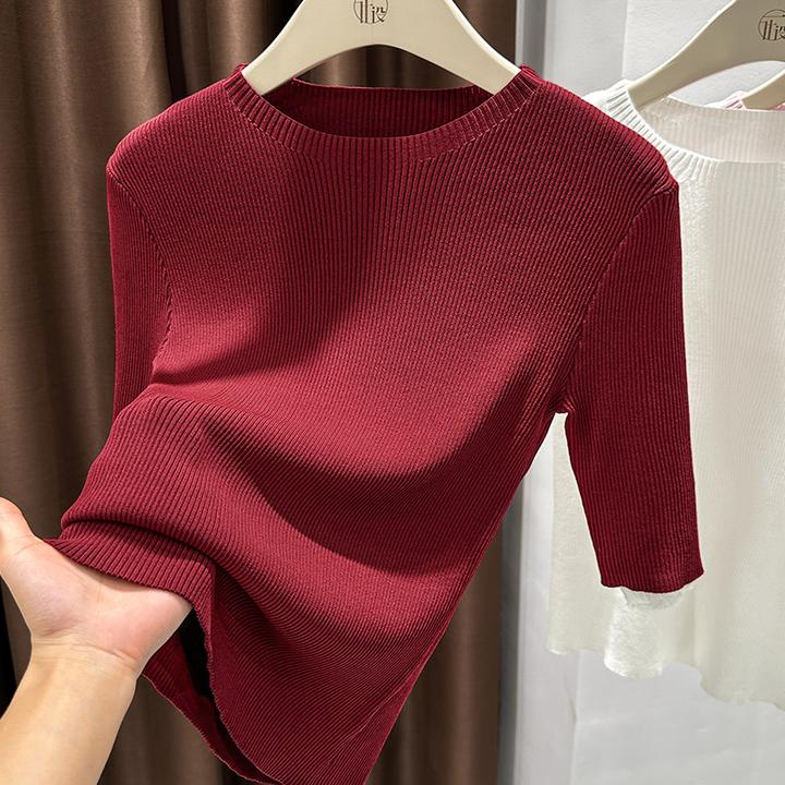 红色圆领时尚外穿上衣女五分袖设计感修身显瘦百搭针织打底衫小衫