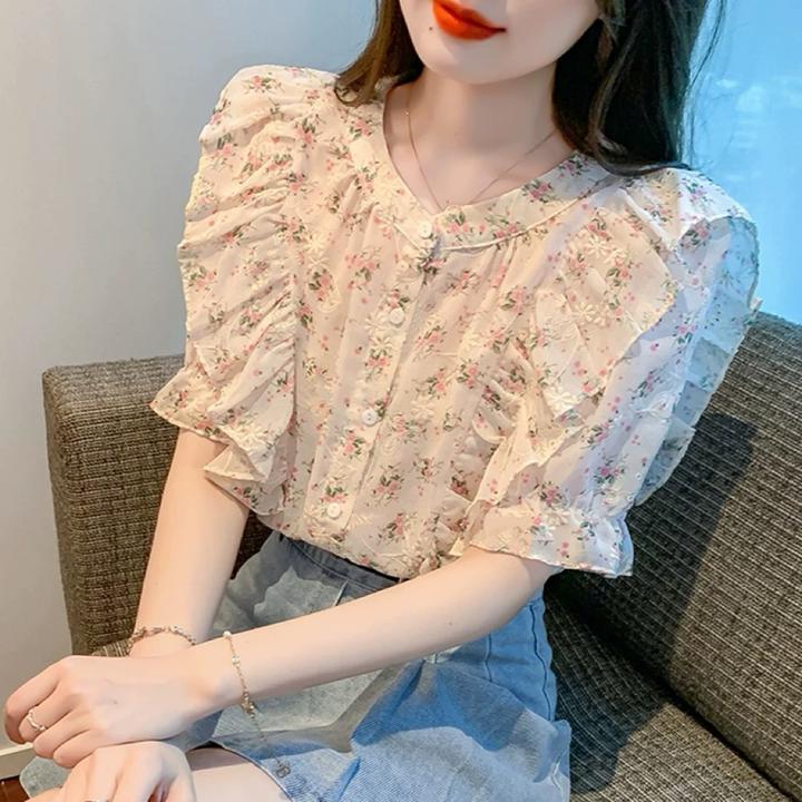 荷叶边碎花雪纺衬衫女夏季2025新款甜美气质短袖衬衣洋气小衫上衣