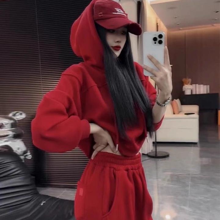 加厚加绒休闲运动两件套冬季新款韩版宽松保暖连帽卫衣阔腿裤套装