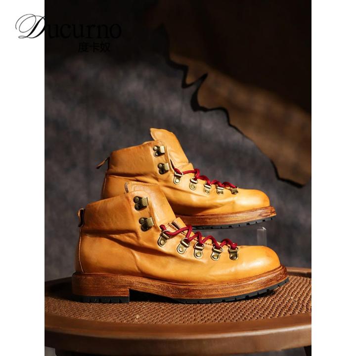 度卡奴手工复古真皮马皮工装靴户外高端大黄靴厚底复古男马丁靴