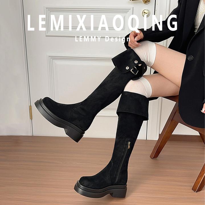 加宽版～美拉德秋冬新款两穿过膝长靴显瘦粗腿大筒围厚底大码长靴