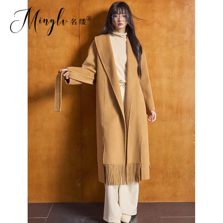 名缕女装2025冬新款法式复古流苏保暖翻领双面呢浴袍款大衣外套女