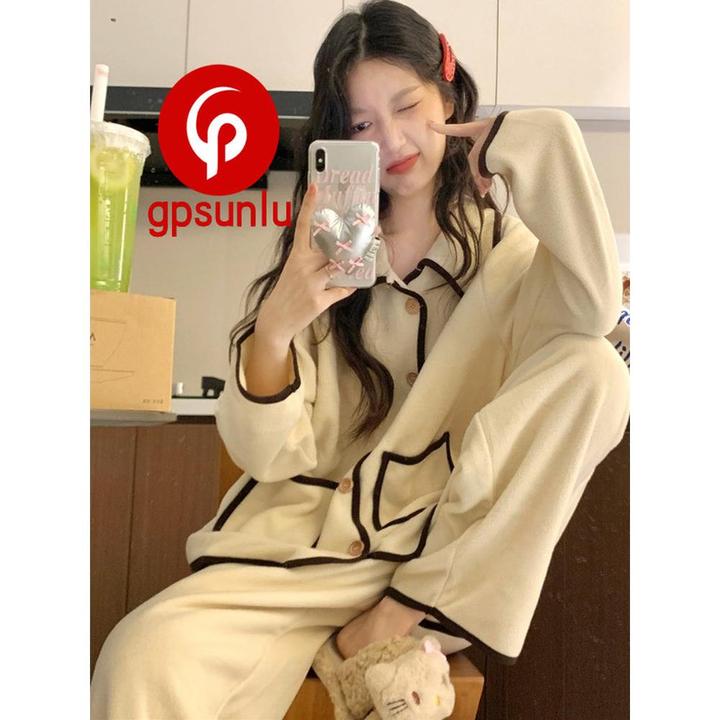 GPsunlu简约小香风法兰绒睡衣女秋冬加厚绒韩版珊瑚绒家居服套装