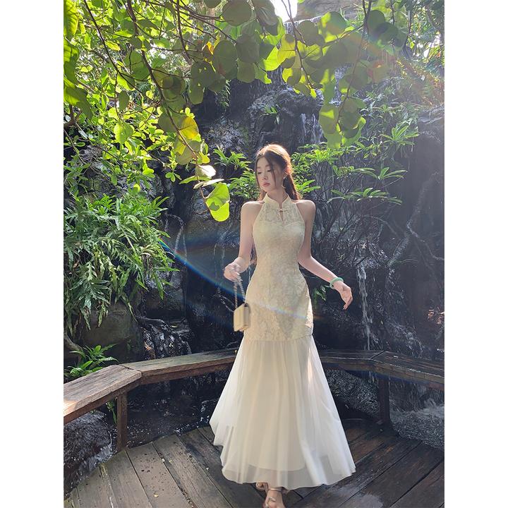 新中式国风EIA一尧流仙裙气质提花旗袍女春挂脖连衣裙两件套