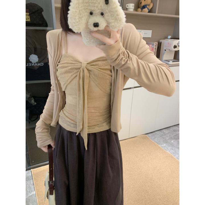 大码胖mm纯欲风套装2025秋季新款蕾丝蝴蝶结吊带背心长袖开衫上衣