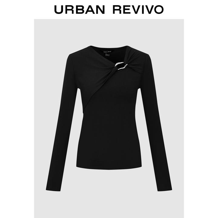 UR2025冬季新款女装气质金属扣扭结斜肩领长袖T恤UWM450203