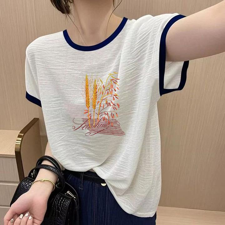 竹节纯棉夏季短袖印花显瘦t恤衫女2025新款圆领休闲大码宽松上衣
