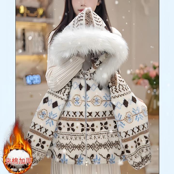 女童夹棉羊羔毛外套冬装2025新款费尔岛毛领加厚毛毛衣提花棉服潮