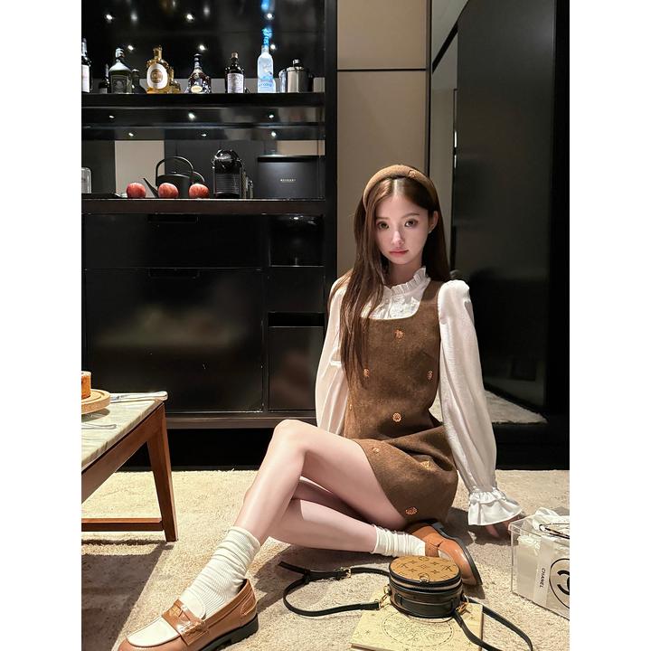 鎏金比利弗 焦糖咖呢子重工钉珠背心裙千金连衣裙衬衫贵气套装