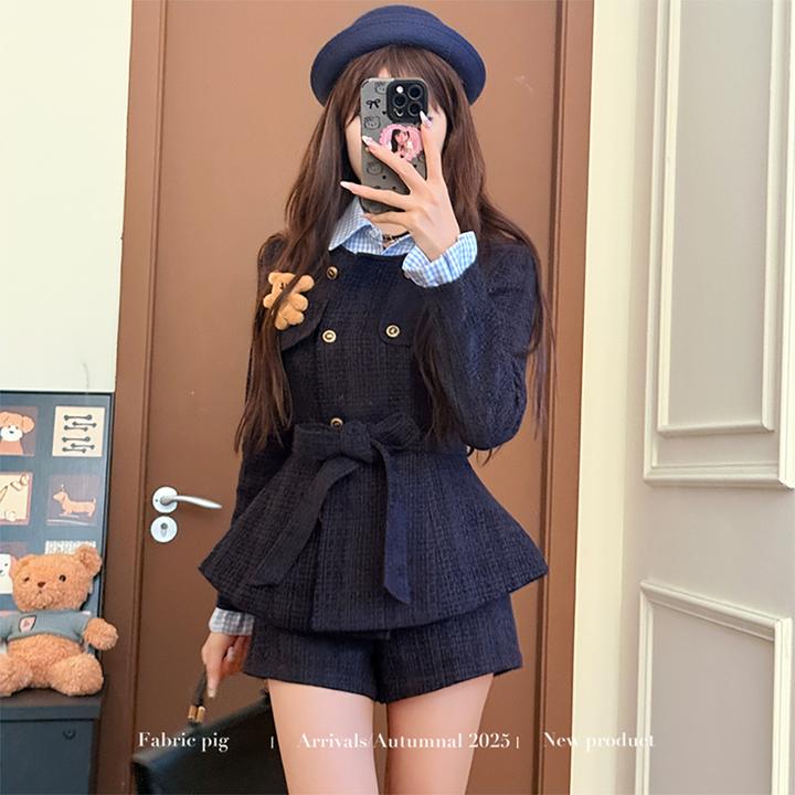 酷熊赫本 织物猪原创 学院小香风女秋冬藏蓝夹棉长袖外套两件套