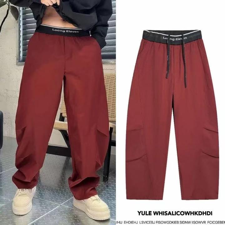 秋季新款字母织带松紧高腰丝质长裤女男筒宽松小弯刀休闲裤子