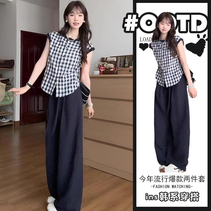 夏日ootd穿搭一整套高级小众不撞款格子无袖上衣+阔腿裤两件套装
