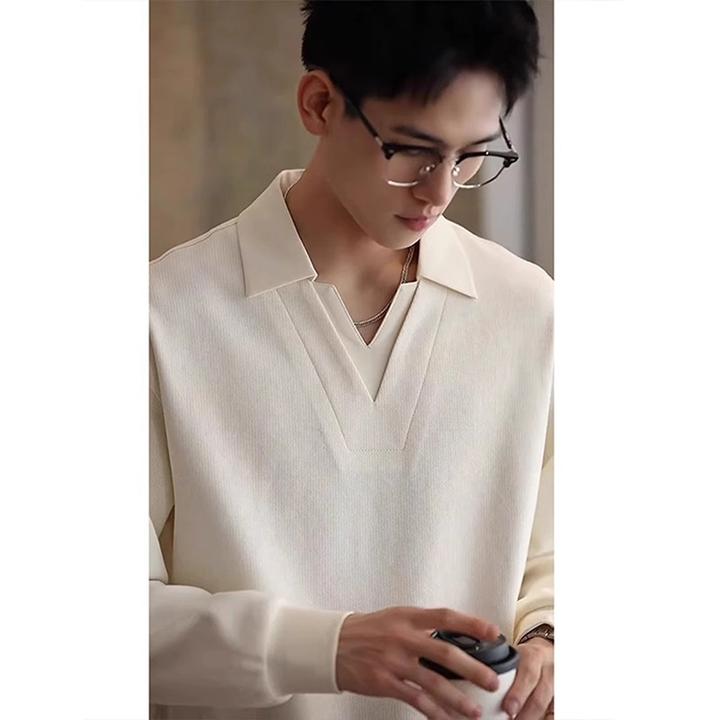 双层领Polo衫卫衣男款秋冬假两件内搭打底衫高级感雅痞风长袖t恤