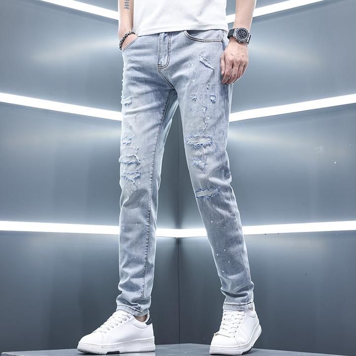新款男士裤子男款牛仔裤百搭休闲修身小脚浅色破洞潮牌痞帅牛仔裤