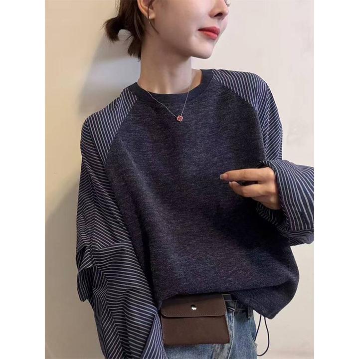秋冬新款女条纹套头卫衣时尚洋气减龄宽松显瘦拼接内搭打底上衣