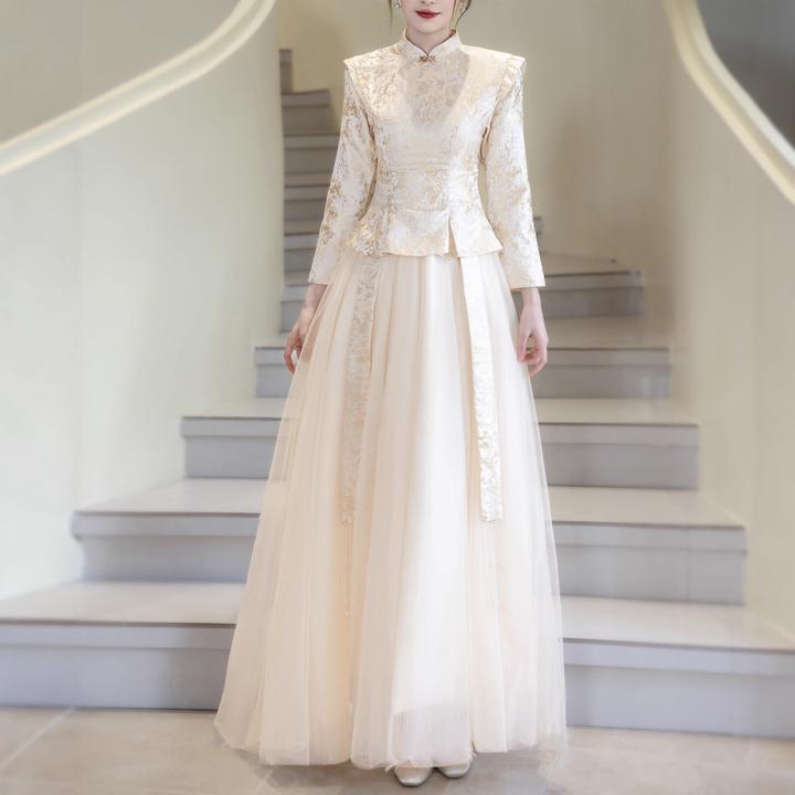 新中式敬酒服连衣裙新娘结婚订婚礼服回门宴便装秋冬长袖礼服套装