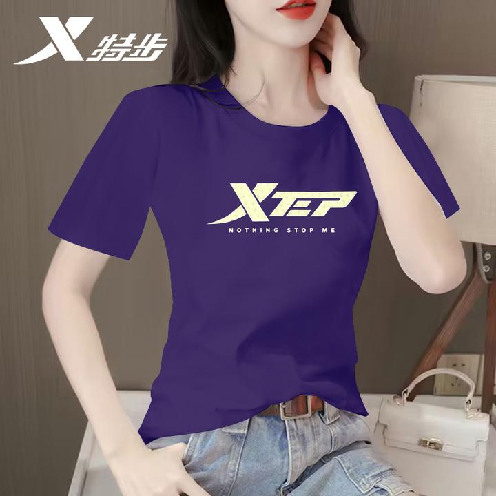 特步短袖女棉t恤夏季白色大码圆领打底衫跑步运动半袖女士上衣