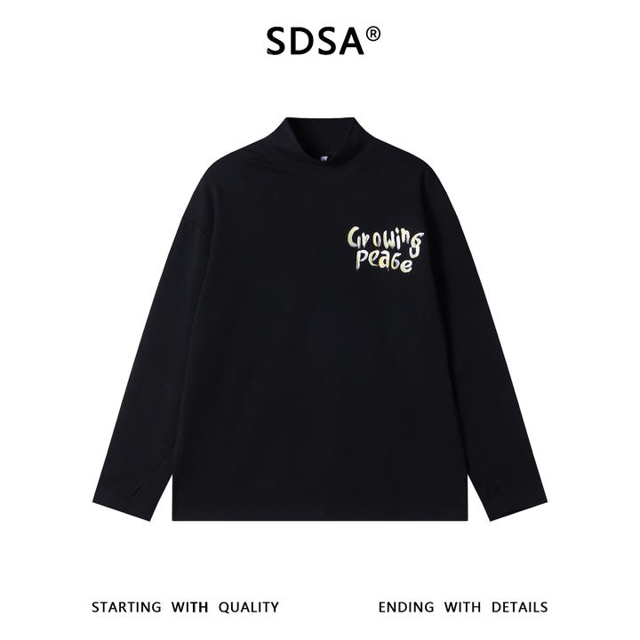 SDSA秋冬新款痞帅男装潮牌手绘花朵字母印花半高领长袖T恤百搭
