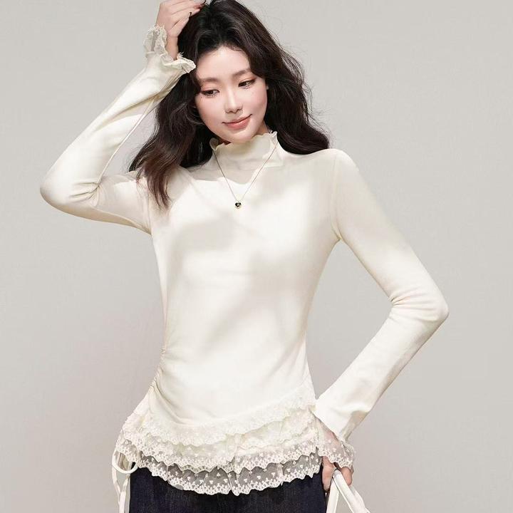 ANDEARDI“精致芭蕾” 花边半高领蕾丝拼接收腰捏褶长袖打底