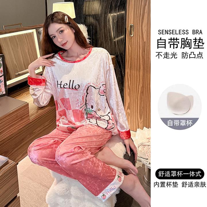 带胸垫2025年新款金丝绒睡衣女春秋季长袖可爱卡通秋冬家居服套装
