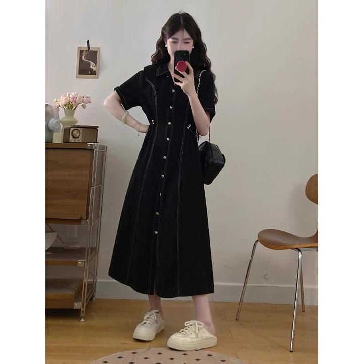 大码女装胖mm2025夏季茶歇法式polo领连衣裙收腰显瘦a字牛仔裙子