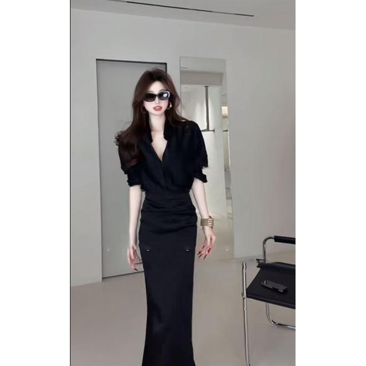 2025夏季新款纯欲赫本风辣妹V领长袖西装上衣高腰百搭鱼尾半身裙