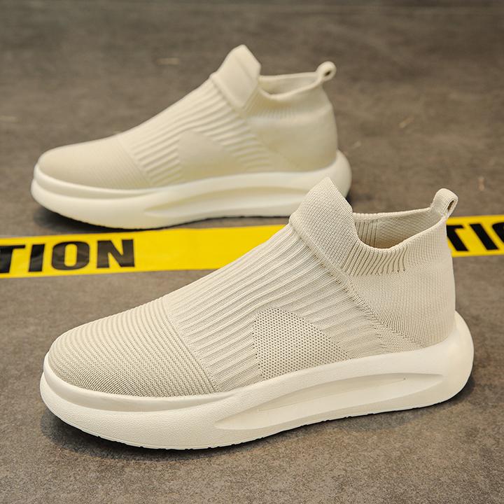 男鞋2024新款网面透气厚底运动男士一脚蹬轻便软底黑色袜子鞋