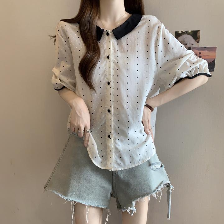 大码女装胖mm独特别致波点短袖雪纺衫夏季显瘦遮肚娃娃领衬衫上衣