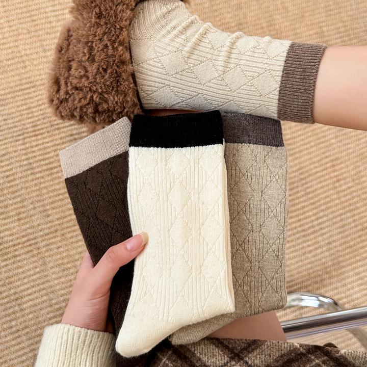 秋冬新款女保暖羊毛袜拼色长筒袜堆堆女袜百搭日系复古中筒袜袜子