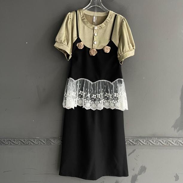 少女风时尚套装显瘦长款拼接上衣+半身裙两件套休闲法式气质黑色