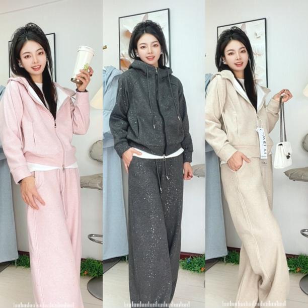 在仓有货】（门店限定亮晶晶）冬季新款加绒加厚亮片连帽套装女