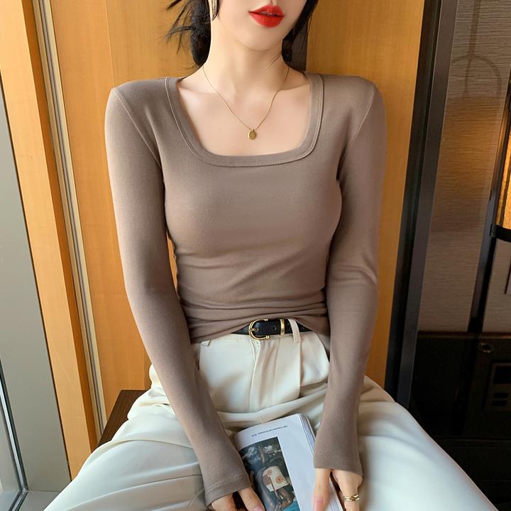 纯色方领长袖打底衫女内搭秋冬2025新款修身显瘦低领露锁骨上衣潮