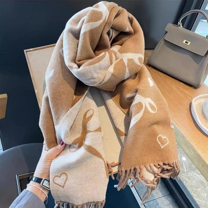Miss Silas秋冬新款加厚飘带小爱心双面冬季保暖百搭围巾披肩羊绒