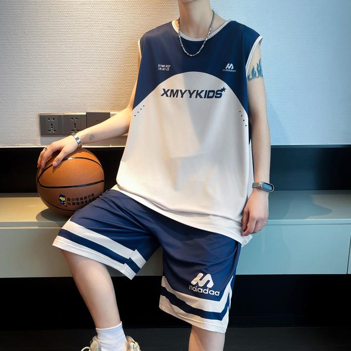 无袖篮球服套装男夏季冰丝速干背心短裤两件套青少年帅气一套衣服