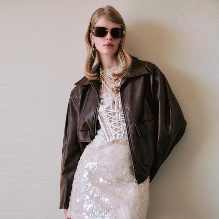 MISSCOCOON可可尼宽松通勤外套女春季新款复古咖色翻领PU皮衣