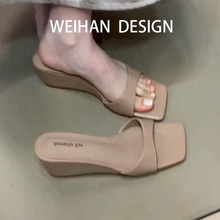 羊皮版！简约坡跟一字凉拖鞋女夏外穿方头露趾凉鞋气质百搭高跟鞋