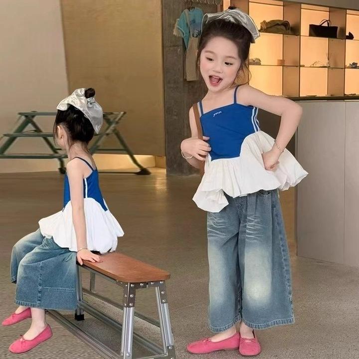 女童拼接花边吊带衫夏款2025新款儿童女宝甜美设计感上衣穿搭夏日