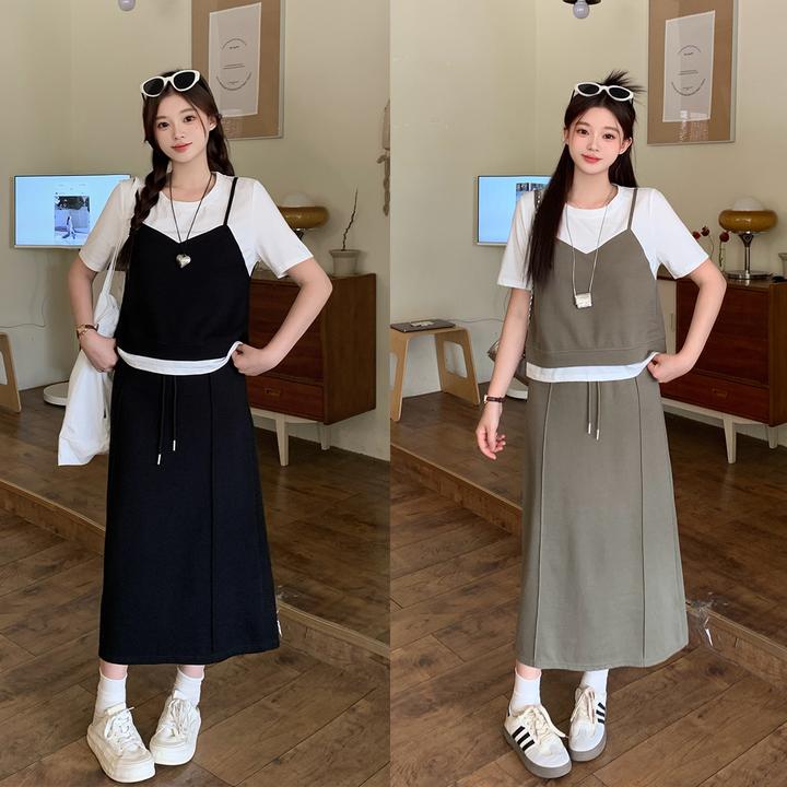 【鱼白专属】夏季大码胖mm假两件短袖T恤半身裙套装休闲两件套64528
